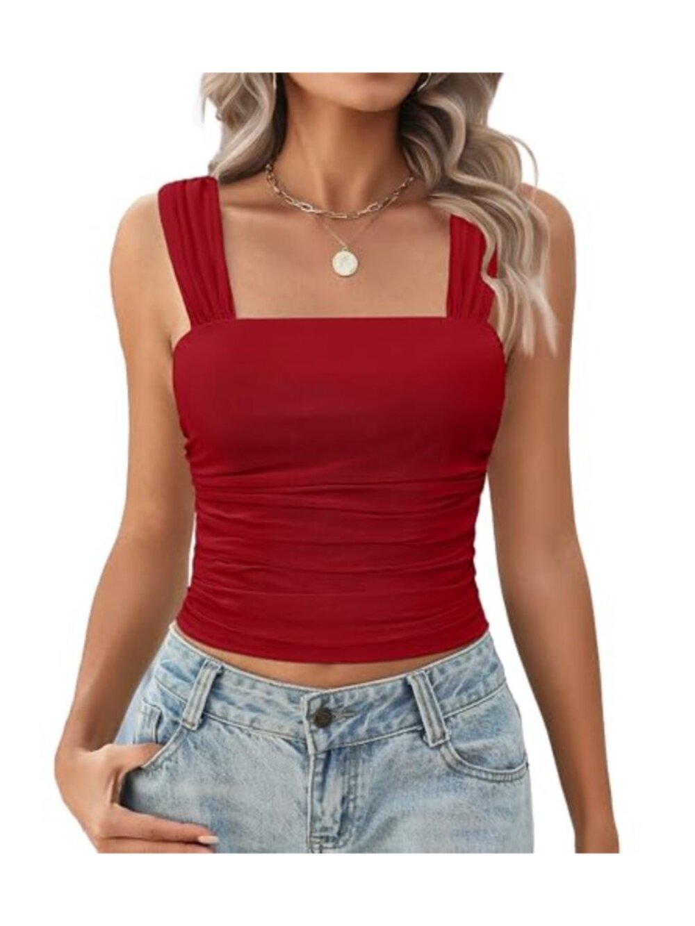 Mesh Square Neck Ruched Crop Tank Top Wide Strap Summer Cami